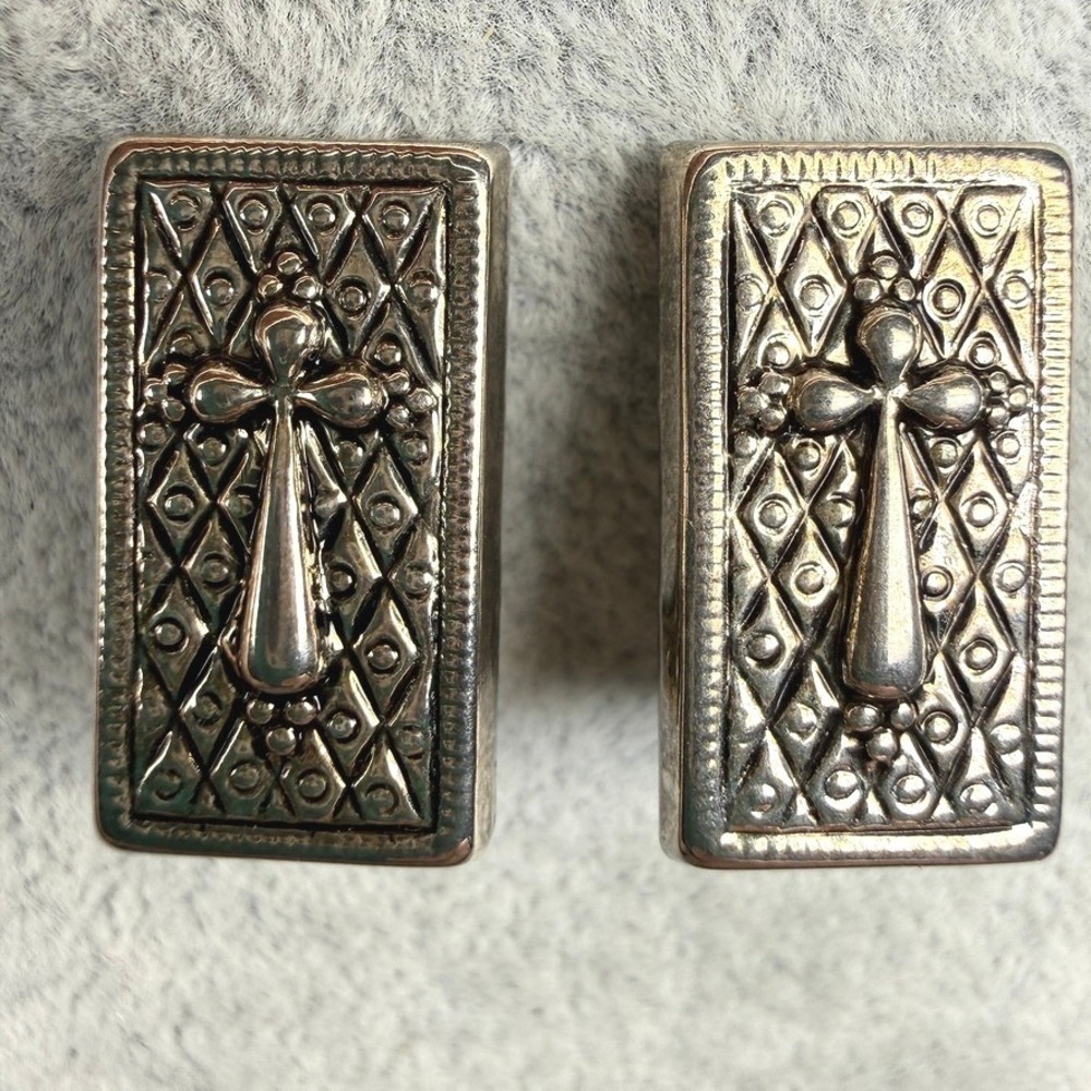 VTG Cross Clip On Earrings Textured Silver Tone Christian Religious Signed Best
